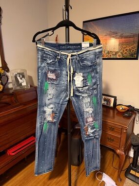 Premium Denim by rue21 Slim Straight Blue Jeans with Green & Orange Paint